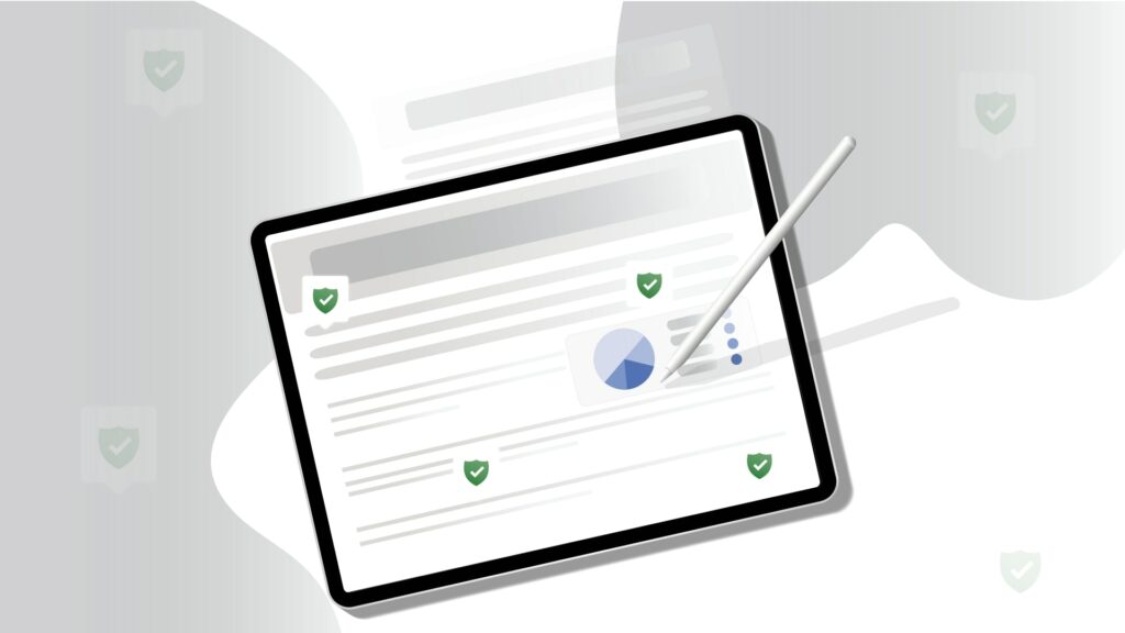 Ein iPad auf einem abstrakten Hintergrund auf dem ein abstrakter Businessplan geschrieben wird.