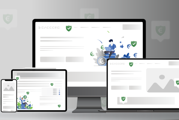 Ein iPhone, ein iMac, ein MacBook und ein iPad auf einem grauen Hintergrund mit verschiedenen Webseiten darauf.