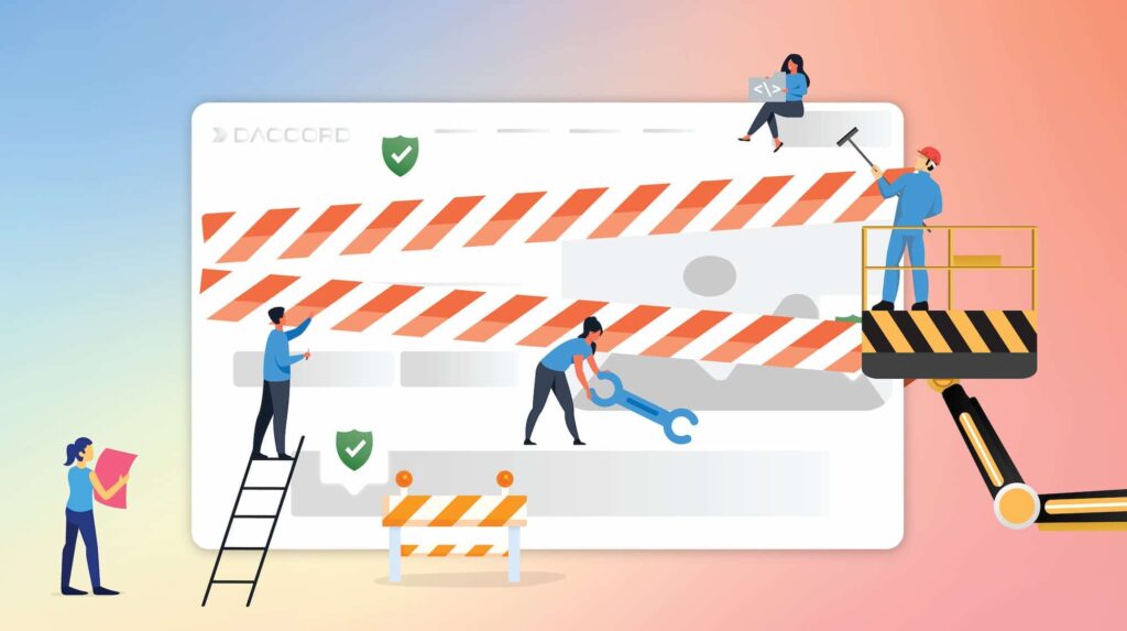 ein paar Personen die an einer abstrakten Webseite Wartungsarbeiten durchführen.
